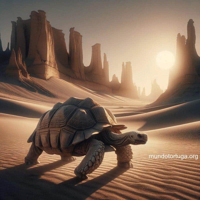 foto de una tortuga prehistrica de gran tamao avanzando en un desierto prehistrico dunas de arena y formaciones rocosas se extienden en el fondo