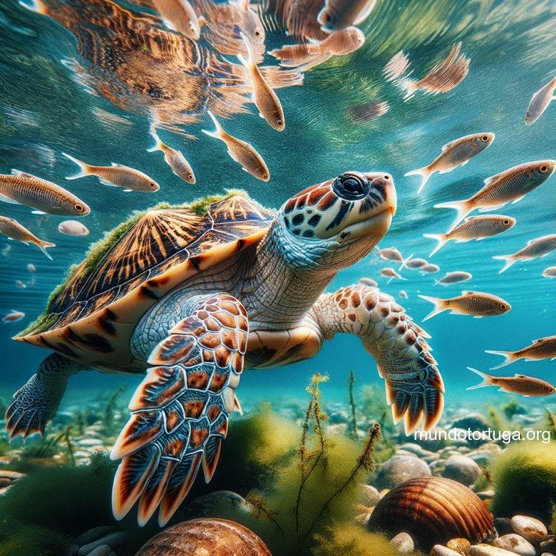 foto de una tortuga sana y activa nadando en aguas cristalinas con charales secos flotando alrededor destacando sus brillantes escamas los colores