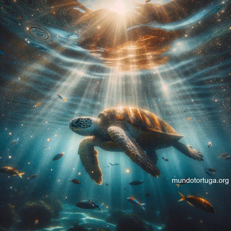 foto de una tortuga sumergida en aguas cristalinas rodeada por un halo de luz brillante mostrando un aura misteriosa mientras duerme burbujas de air