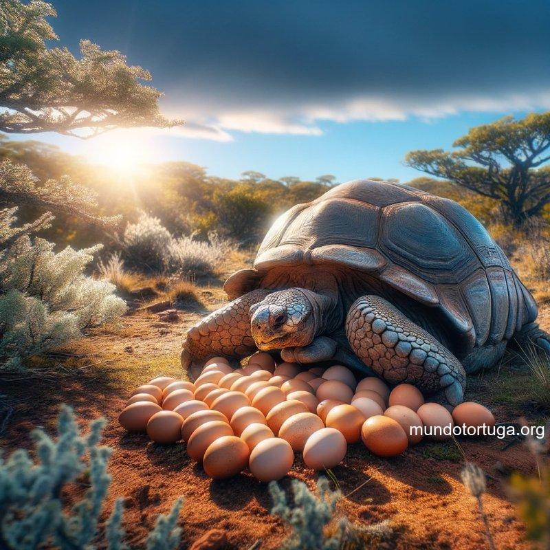 foto de una tortuga terrestre en un ambiente natural con un montn de huevos a su lado resaltando la cantidad el entorno tiene vegetacin brillante