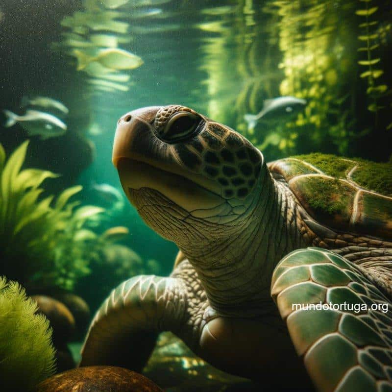 foto de una tortuga verde en primer plano mostrando en detalle las texturas de su caparazn y piel el fondo es difuso pero se pueden apreciar silue