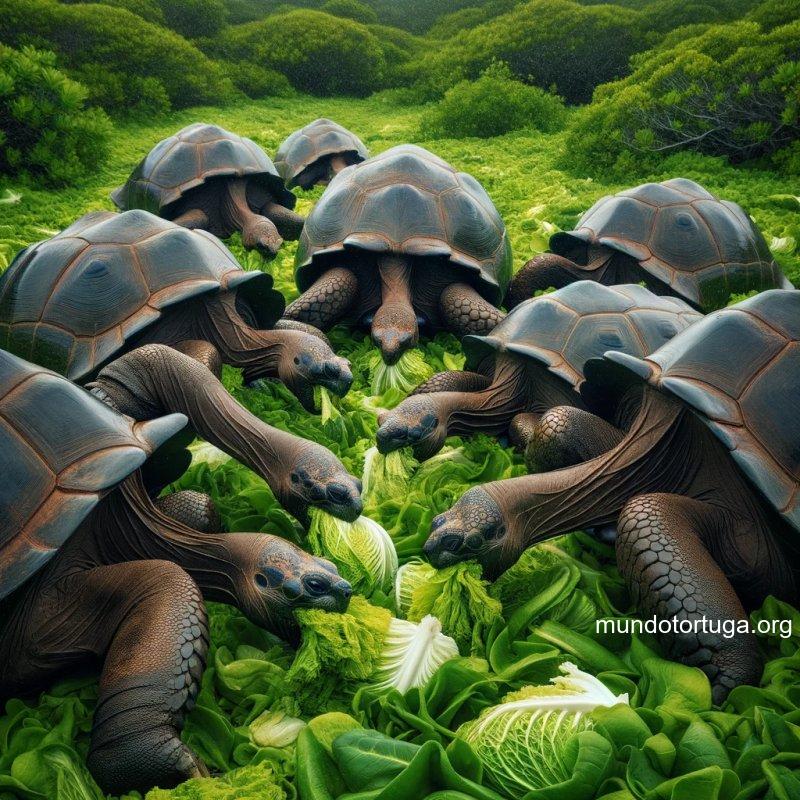 foto realista de un grupo de tortugas de galpagos alimentndose de vegetacin en un prado verde algunas de ellas levantan la cabeza mientras que ot