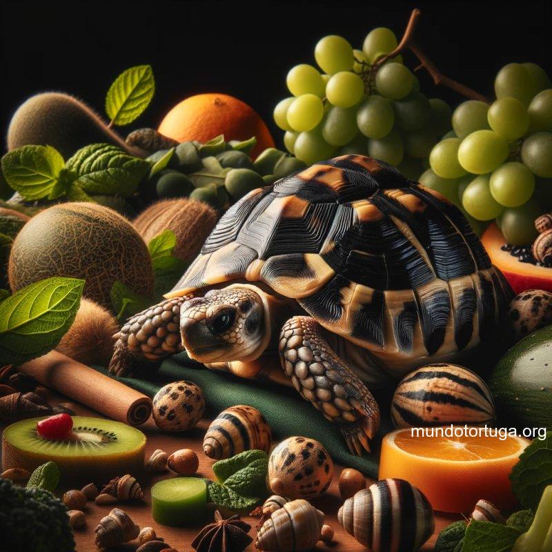 foto realista de una tortuga domstica en un entorno natural rodeada de alimentos frescos y nutritivos como hojas verdes frutas y pequeos invertebr