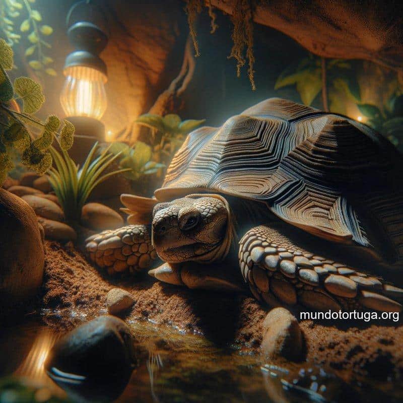 foto realista de una tortuga en su hbitat descansando bajo un foco de calor el ambiente es tranquilo y la luz del foco crea un suave resplandor sob