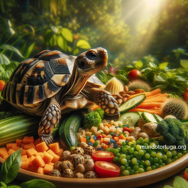 foto realista de una tortuga mazuri en un entorno natural con un plato de comida especial para tortugas a su lado el plato contiene una variedad de