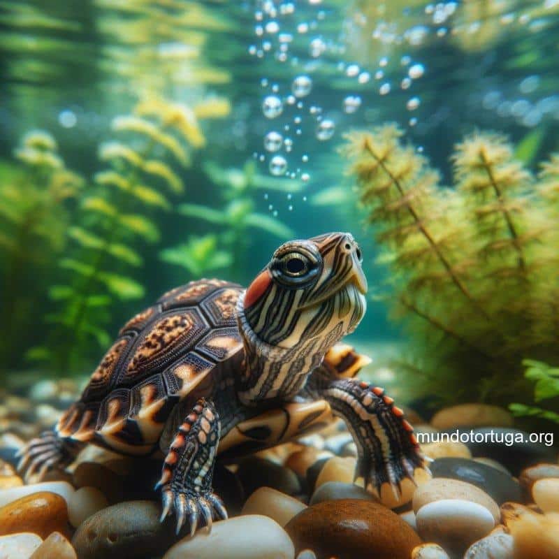 foto realista de una tortuga orejas rojas caracterizada por su pequea mancha roja cerca de las orejas la tortuga se encuentra en aguas tranquilas c