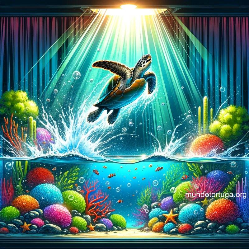 illustration of a dynamic scene where a turtle joyfully leaps out of a brilliantly colored aquarium with splashes of water trailing behind the aquar