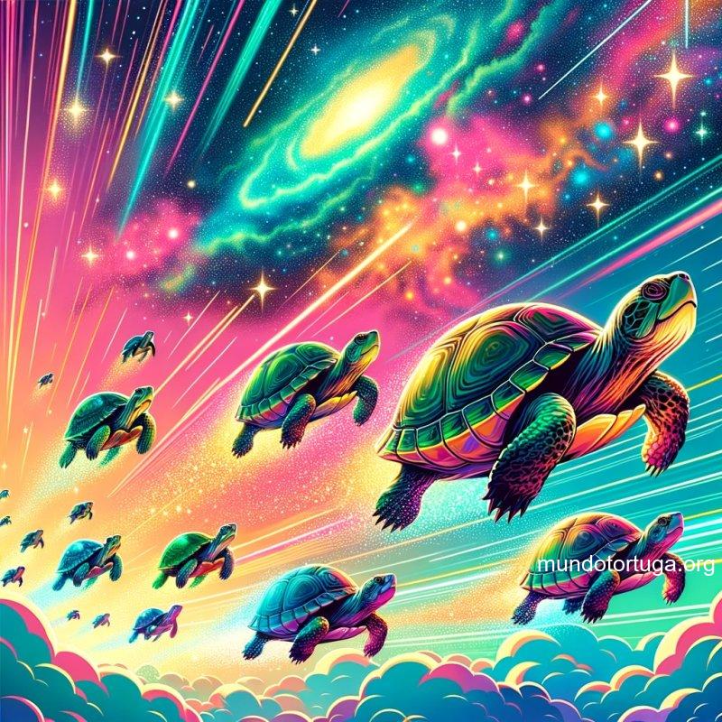 illustration of a dynamic scene where turtles of different sizes and patterns are zooming across a vivid gradient sky with a trail of sparkling stard